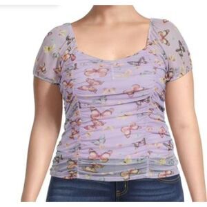 Y2K 90's Inspired Lavender Butterfly Print Sheer Meshed Ruched Top Size XXXL